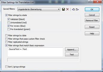 Trados Studio filter settings dialog box with options to filter strings by state, date, and custom filter check with a basic expression input field.