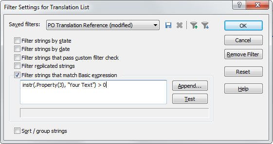 Filter Settings for Translation List dialog box with 'PO Translation Reference (modified)' selected. Options to filter by state, date, custom filter check, replicated strings, and match Basic expression are shown. Basic expression 'instr(Property(3), "Your Text") > 0' is entered.