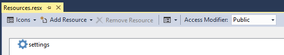 Screenshot of Trados Studio's Resources.resx window showing the 'settings' icon added under the Icons tab.