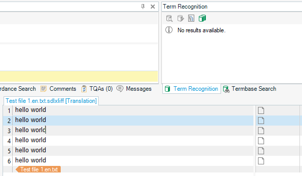 Screenshot of Trados Studio with the Term Recognition pane open showing 'No results available' despite 'hello world' being present in the source segment.