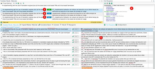 Screenshot of Trados Studio interface showing translation results with error message 'No open termbase' despite translation engine containing one.