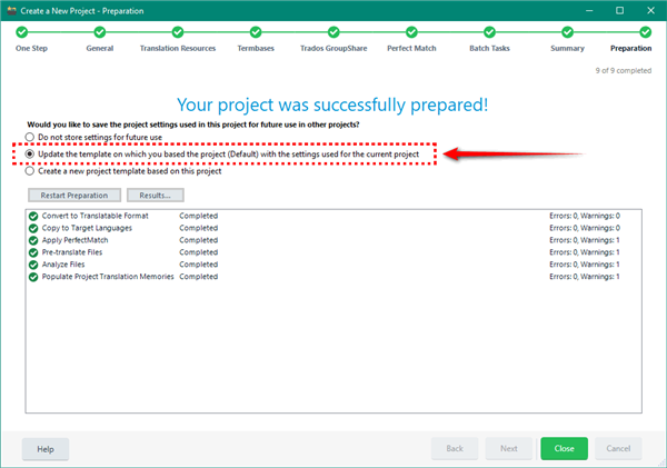 Screenshot showing the 'Create a New Project - Preparation' window with an option to update the template highlighted by a red arrow, indicating it is a workaround to include missing settings.