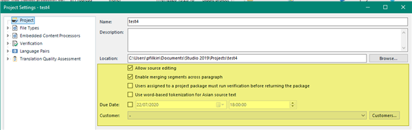 Screenshot of Trados Studio project settings with missing yellow highlights on 'Enable merging segments across paragraph' and 'Users assigned to a project must run verification before returning the package'.