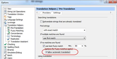Trados Studio screenshot showing Pre-Translation settings with 'allow automatic translation' option circled.