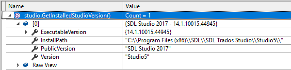 Screenshot showing the output of studio.GetInstalledStudioVersion() method with a count of 1, indicating only SDL Studio 2017 is recognized as installed.