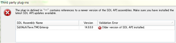 Error message in Trados Studio third-party plug-ins window showing 'Older version of SDL API installed' for Sdl.MultiTerm.TMO.Interop version 14.0.0.0.