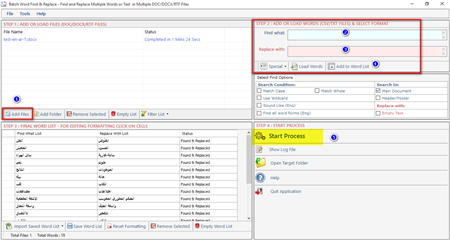 Screenshot of Trados Studio Ideas module with Batch Search Replace feature, showing options for search and replace in source and target, creating BSR list from Termbase, and importexport BSR list in various file formats.