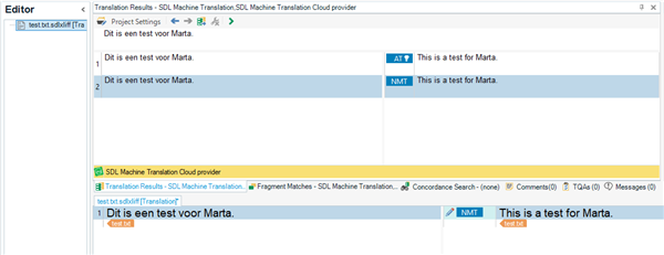 Trados Studio editor window showing a list of translation results with 'SDL Machine Translation Cloud provider' at the bottom displaying NMT, and 'SDL Language Cloud' at the top displaying AT.