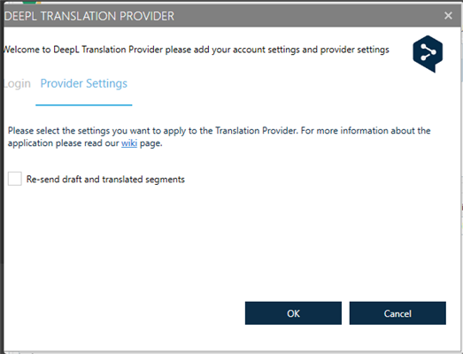 DeepL Translation Provider settings window with an unchecked option for 'Re-send draft and translated segments'.