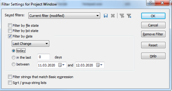 Screenshot of the 'Filter Settings for Project Window' in Passolo Ideas with 'Last Change' filter option selected.