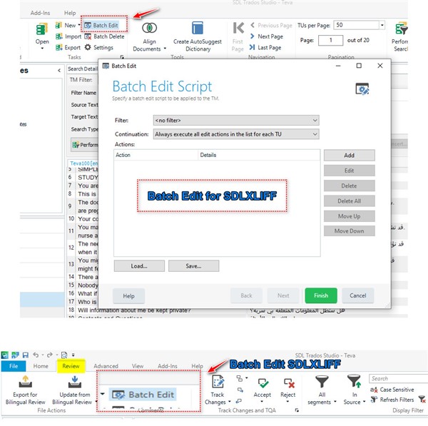 Screenshot of Trados Studio with the Batch Edit window open, showing options to load, save, add, edit, delete, move up, and move down batch edit scripts.