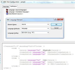 Trados Studio XML Rule Configuration sample with Tree View, Definitions tab, and XML Language Element dialog box open.