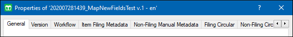 Properties dialog with tabs for General, Version, Workflow, Item Filing Metadata, Non-Filing Manual Metadata, Filing Circular, and Non-Filing Circular, with more tabs not visible due to dialog width.