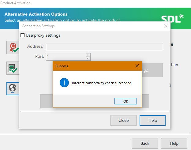 Alternative Activation Options window with a successful internet connectivity check message.