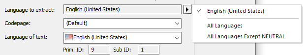 Trados Studio settings showing options to extract language as English (United States), with a dropdown for Codepage set to (Default), and a checkbox for All Languages Except NEUTRAL selected.