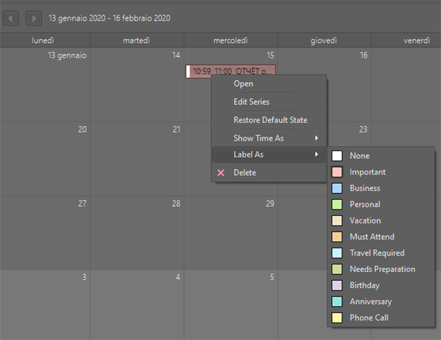 Trados Studio calendar context menu for an event with options to open, edit, delete, and label the event with various categories such as 'Important' and 'Business'.