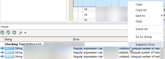 Passolo 20162018 Check window showing a right-click menu with 'Suppress Error' option for a single selected error.