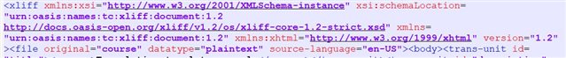 Screenshot of an XLIFF file opened in a text editor showing XML code with namespaces and schema locations for XLIFF 1.2 and HTML.