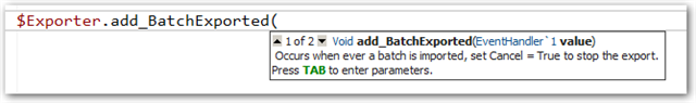 Screenshot showing an autocomplete suggestion for 'add_BatchExported' method with one parameter in Trados Studio.