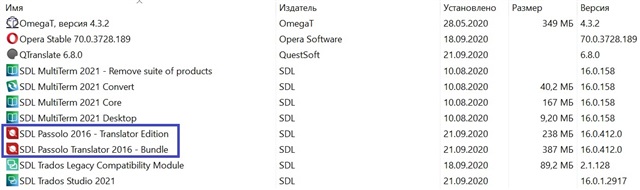 List of installed software showing 'SDL Passolo 2016 - Translator Edition' and 'SDL Passolo Translator 2016 - Bundle' among other SDL products.