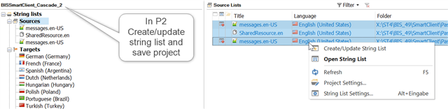 Creating and updating the source string list in Trados Studio P2 with the source-file comment visible but the Passolo comment missing.