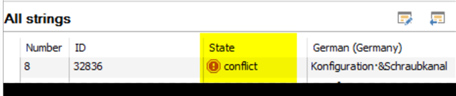 Screenshot of Trados Studio interface showing a table with columns 'Number', 'ID', 'State', and 'German (Germany)'. Row highlighted with a yellow background displaying number 8, ID 32836, state icon with a red exclamation mark and text 'conflict', and German text 'Konfiguration&Schrabukanal'.