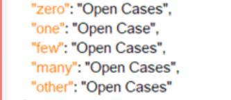 Screenshot of Trados Studio showing plural forms parameters for the source text 'Open Cases' with string IDs 'zero', 'one', 'few', 'many', 'other'.