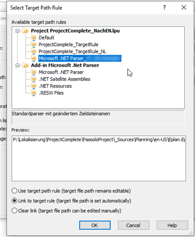 Select Target Path Rule dialog box in Trados Studio with various target path rules listed, including 'ProjectComplete_TargetRule_NL' highlighted.