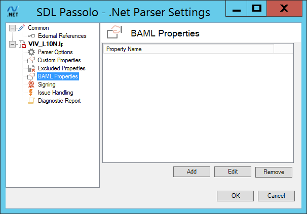 SDL Passolo .Net Parser Settings window with a navigation pane on the left showing options such as External References and L10N. The main panel is titled BAML Properties with an empty Property Name list and buttons for Add, Edit, Remove, OK, and Cancel.