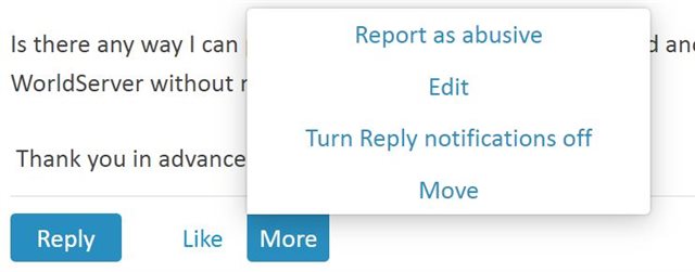 Dropdown menu with options 'Report as abusive', 'Edit', 'Turn Reply notifications off', and 'Move' under the 'More' button.