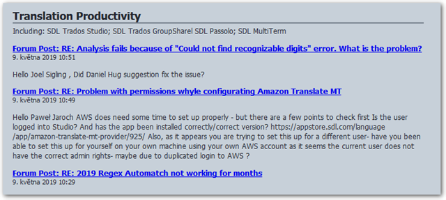 Screenshot of Trados Studio forum with three posts. First post titled 'RE: Analysis fails because of Could not find recognizable digits error. What is the problem?' Second post titled 'RE: Problem with permissions while configuring Amazon Translate MT.' Third post titled 'RE: 2019 Regex Automatch not working for months.'