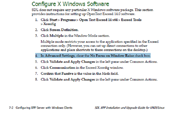 Screenshot of a Trados Studio installation guide page with instructions for configuring X Windows Software with steps listed from 1 to 8.