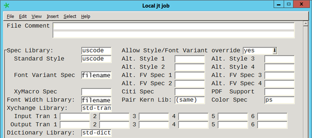 Screenshot of Trados Studio's Local jt job window showing fields for Spec Library, Standard Style, Font Variant Spec, XyMacro Spec, Font Width Library, Xchange Library, Input Tran, Output Tran, and Dictionary Library with various file names and settings.
