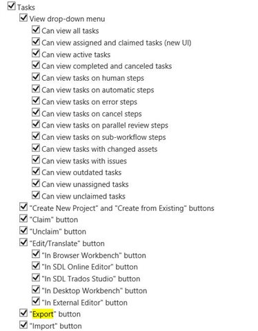 Screenshot of Trados Studio user type settings showing a list of tasks with checkboxes. The 'Export' button option is highlighted indicating it can be made visible for the user.