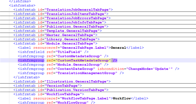 Screenshot of Trados Studio's MetadataConfig.xml file showing XML code with a highlighted section for 'Module.GeneralTabPage' containing a 'FormGroup' tag for 'CustomTaskMetadataGroup'.