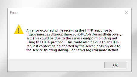 Error message in Trados Studio stating 'An error occurred while receiving the HTTP response to emeags.sdlgroupshare.com. This could be due to the service endpoint binding not using the HTTP protocol or the HTTP request context being aborted by the server.'