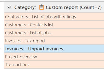 Trados Studio Custom report category dropdown menu showing 7 items including Contractors, Customers, Invoices, Project overview, and Transactions.