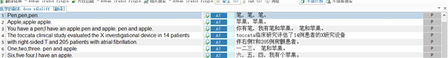 Trados Studio interface showing a translation project with source text in English and target text in Chinese. Columns display text status with no visible errors or warnings.