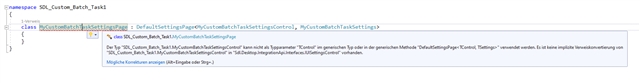 Error message in Trados Studio code editor highlighting type parameter issue in MyCustomBatchTaskSettingsPage.cs class.