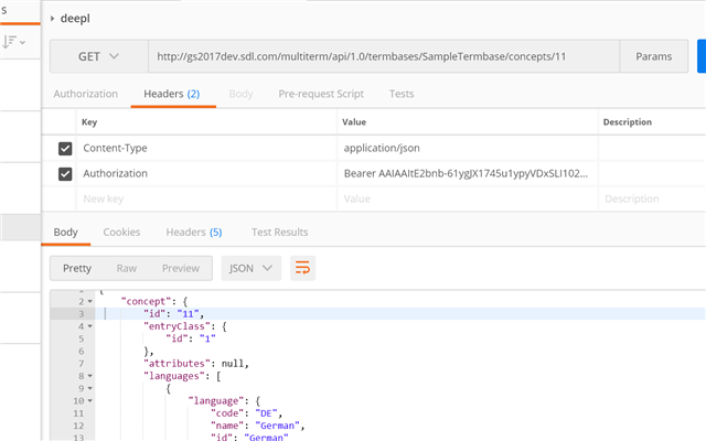 Screenshot of PostMan API call to Trados Studio with JSON response showing concept details including id '11' and language code 'DE' for German.
