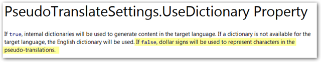 Screenshot of Trados Studio API documentation highlighting the PseudoTranslateSettings.UseDictionary property description, stating dollar signs represent characters if set to false.