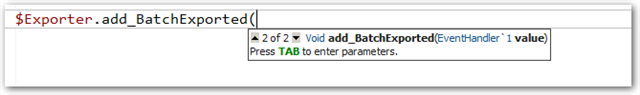 Screenshot displaying a second autocomplete suggestion for 'add_BatchExported' method, indicating ambiguity in Trados Studio.
