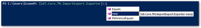 Command line interface showing an attempted command to create a new object with Sdl.Core.TM.ImportExport.Exporter, highlighting a syntax error.