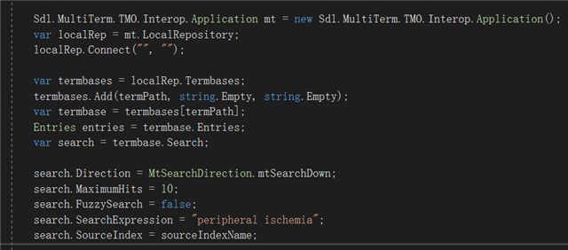 Screenshot of code snippet for connecting to a local Trados Studio termbase repository and adding a termbase path.