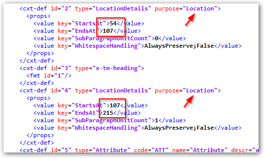 Screenshot of Trados Studio showing XML code with red arrows pointing to 'StartsAt' values of '547' and '1074' indicating potential issues with location details.