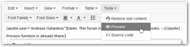Screenshot of Trados Studio forum post editor with a user quote and a highlighted 'Preview' button in the toolbar indicating the preview function is available.