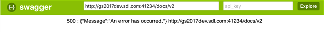 Swagger UI displaying a 500 error message with text 'An error has occurred' for Trados Studio API documentation page.