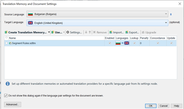 Trados Studio Translation Memory and Document Settings window showing source language as Bulgarian and target language as English with options to create, use, or import translation memories.