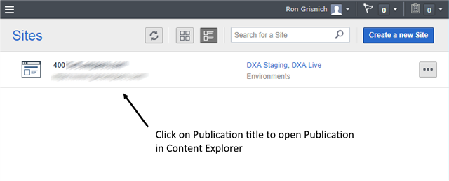 Tridion Sites screen with an arrow pointing to a publication titled 'DXA Staging, DXA Live' with a note saying 'Click on Publication title to open Publication in Content Explorer'. A blurred error message is visible next to the publication icon.
