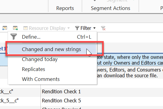 Dropdown menu in Passolo Ideas with 'Changed and new strings' filter option highlighted.